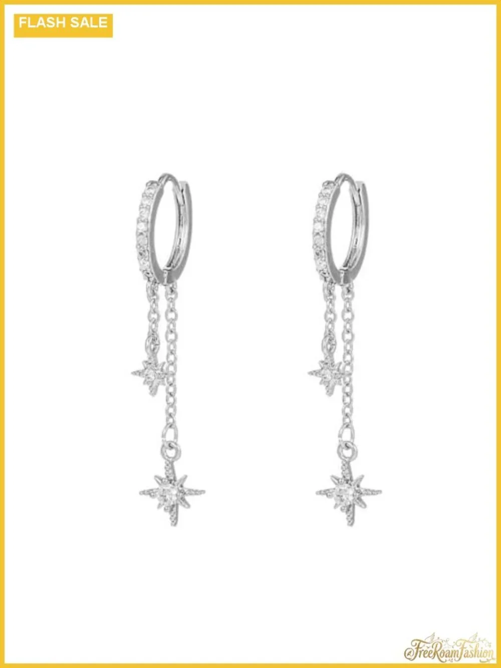 Silver Plated Double Star CZ Huggie Dangle Earrings Hypoallergenic